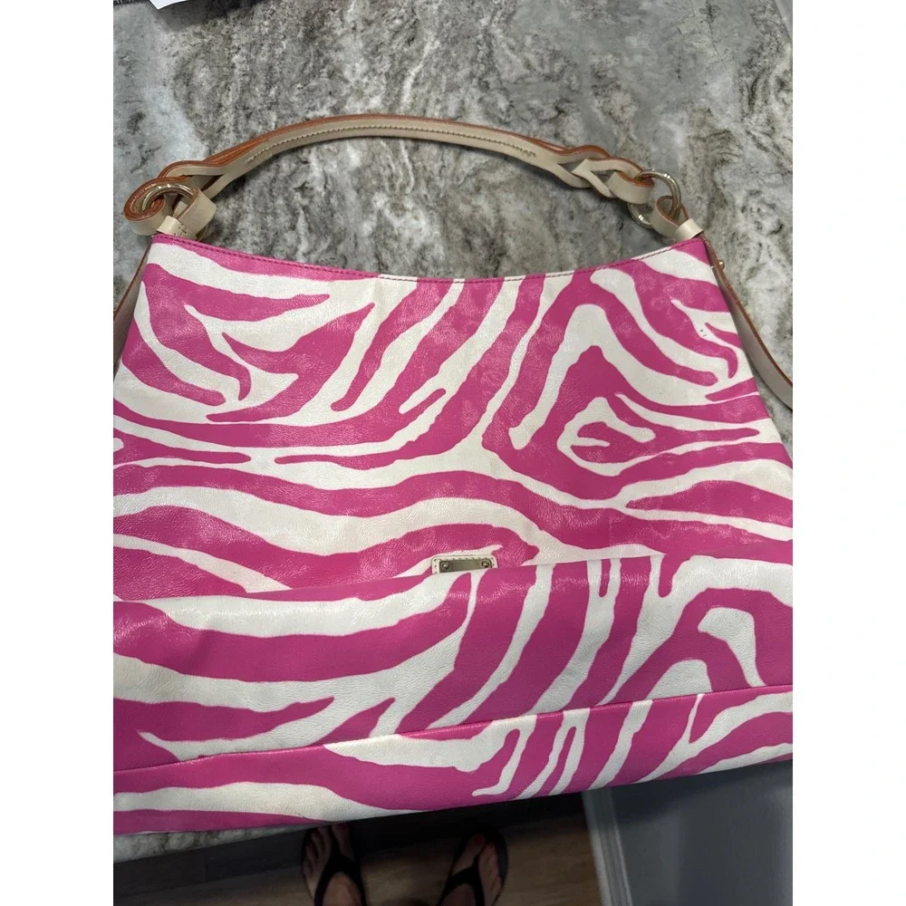 Dooney & Bourke pink white zebra print hobo handbag  leather straps‎ gold logo